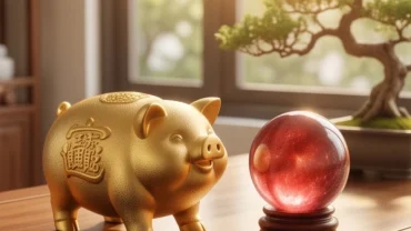 Bức tượng con heo vàng đặt cạnh quả cầu thạch anh đỏ thể hiện rõ nét ất hợi 1995 mệnh gì qua lăng kính phong thủy