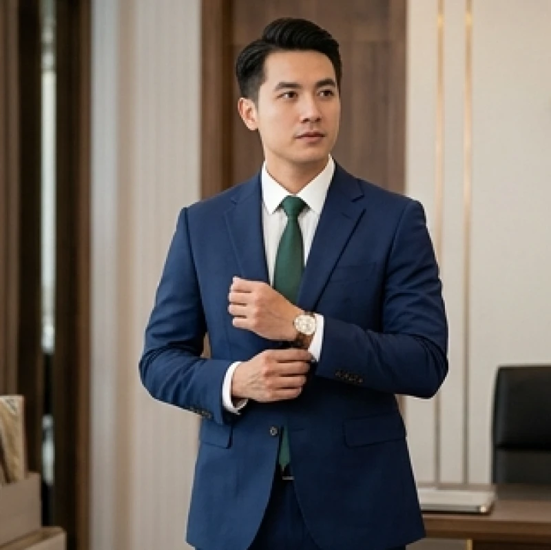 Màu trang phục hợp tuổi Hợi: Tỷ lệ phối đồ nam nữ theo dịp 5 Nam giới mặc bộ suit màu xanh navy lịch lãm phối cravat lụa họa tiết xanh lá cây