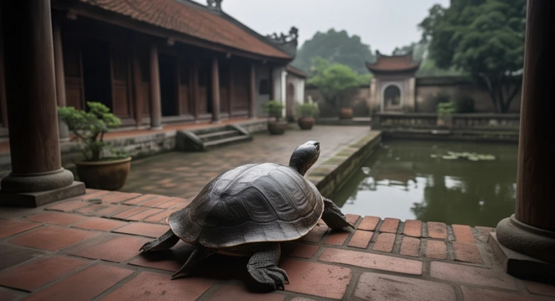 Mơ thấy con ba ba: Giải mã điềm báo và dàn số chuẩn ngũ hành 5 Một con ba ba đang trườn xuống thềm gạch để bò ra khỏi khoảng sân rộng hướng về phía ao nước