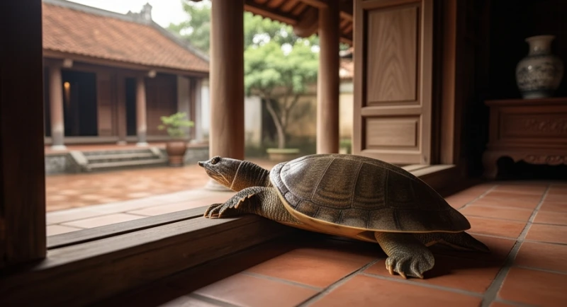 Mơ thấy con ba ba: Giải mã điềm báo và dàn số chuẩn ngũ hành 2 Ba ba chầm chậm bò qua bậc thềm gỗ bước vào một ngôi nhà cổ mang đậm kiến trúc truyền thống