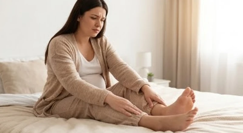 Thai phụ ngồi trên giường nhẹ nhàng xoa bóp đôi bàn chân đang bị sưng phù và ngứa ngáy