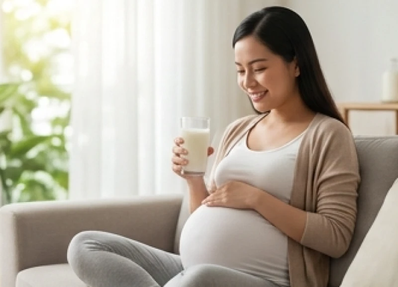 Phụ nữ mang thai đang ôm bụng bầu thư giãn và uống sữa bổ sung canxi