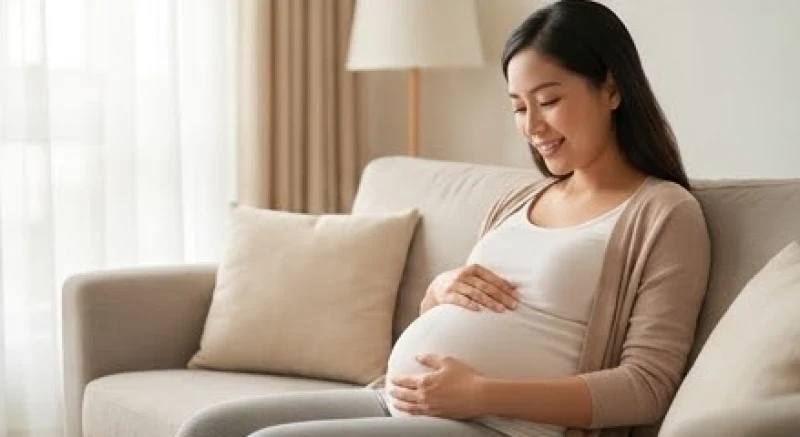 Phụ nữ mang thai đang thư giãn nghe nhạc và xoa bụng bầu trong không gian bình yên