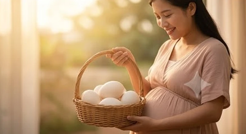 Người phụ nữ mang thai vui vẻ cầm trên tay một ổ trứng ngỗng trắng nõn