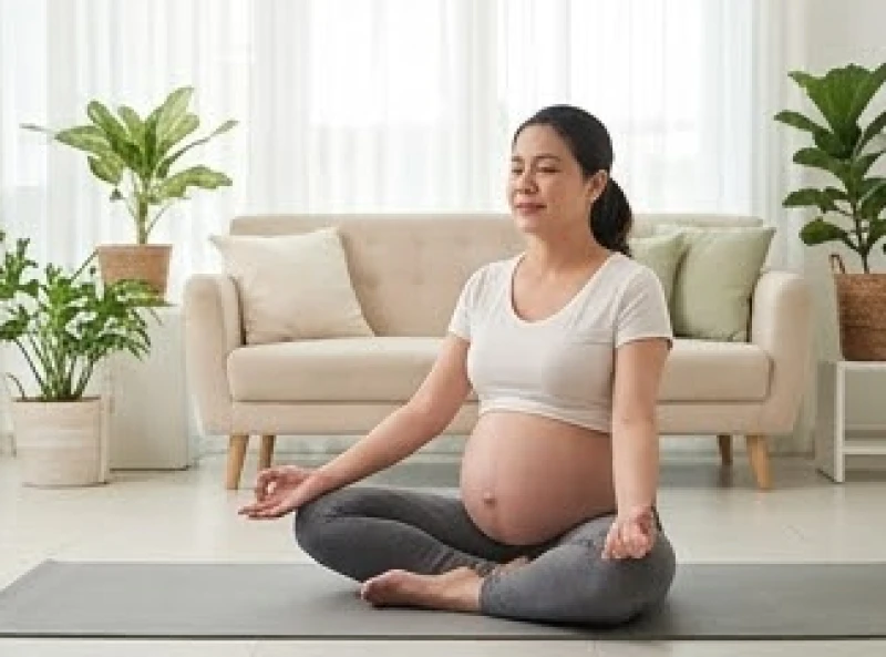 Người mẹ ở độ tuổi trung niên duy trì sức khỏe thai kỳ bằng các động tác yoga nhẹ nhàng