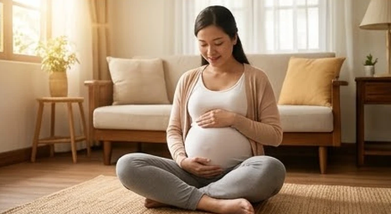 Mơ thấy mẹ có bầu: Điềm báo phong thủy và con số may mắn 6 Người phụ nữ mang thai nhẹ nhàng ôm bụng bầu ngồi thiền định trên thảm giữa phòng khách