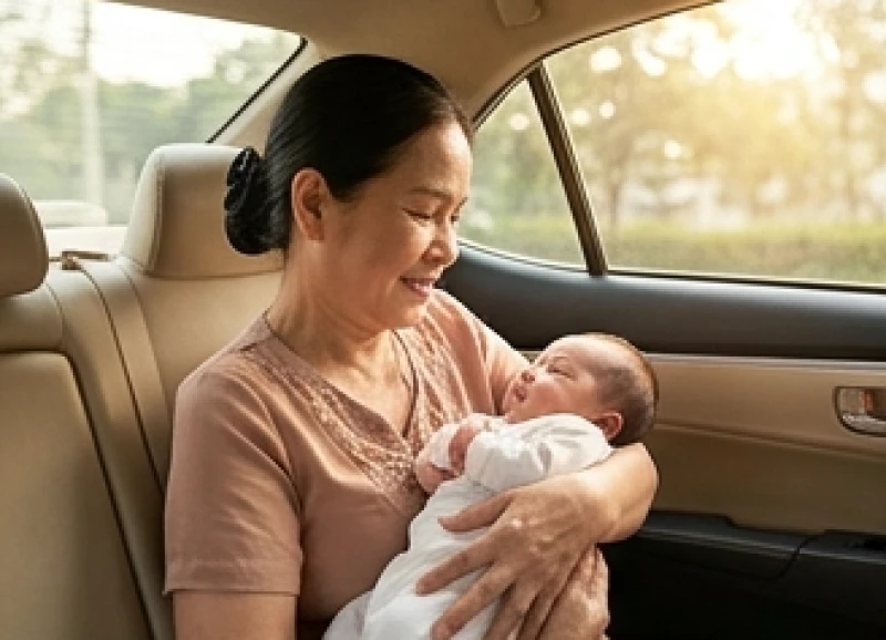 Văn khấn đón mẹ và bé từ viện về: nghi lễ chuẩn và mẹo an toàn 4 Bà ngoại hiền hậu bế em bé sơ sinh cẩn thận ở hàng ghế sau ô tô trên đường từ bệnh viện về nhà