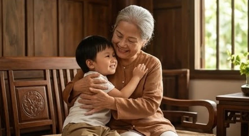 Người bà cao tuổi mỉm cười hiền từ ôm đứa cháu nhỏ vào lòng trong phòng khách gia đình