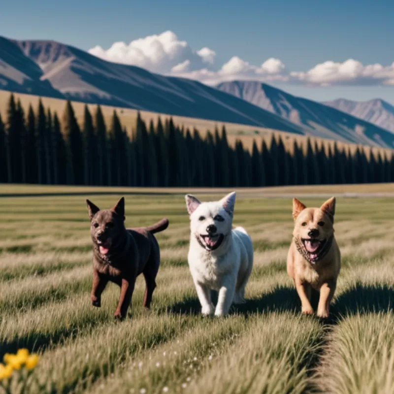 Ba con chó đang chạy đùa trên đồng cỏ