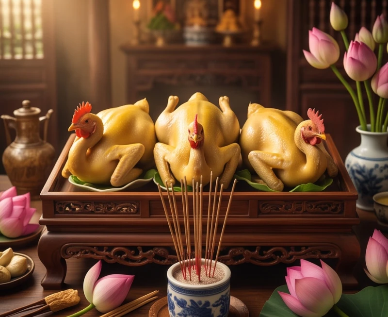 Mâm cúng gia tiên được bày biện trang trọng với ba con gà luộc nguyên con vàng ươm.