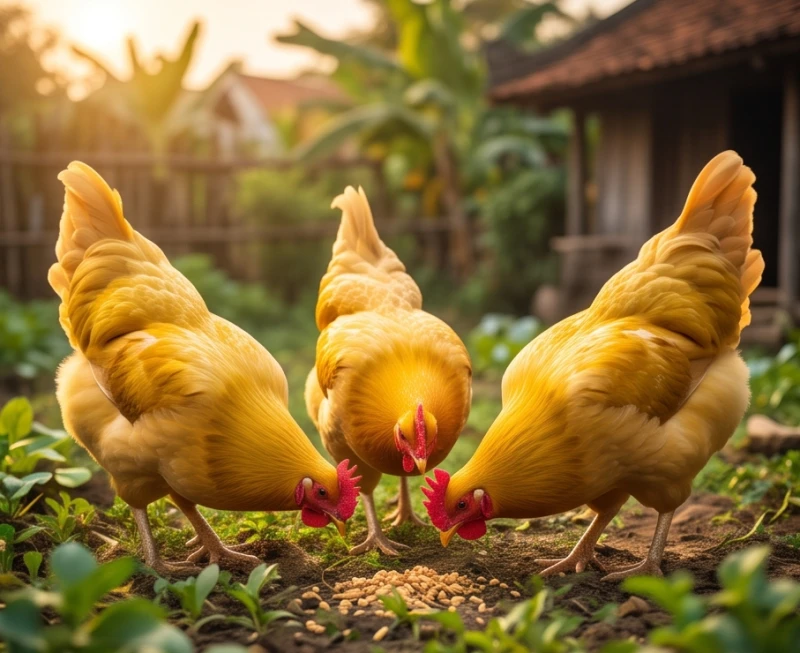 Đàn gà lông vàng óng ả đang bới tìm thức ăn trong vườn mang lại tín hiệu khởi sắc về tiền bạc.