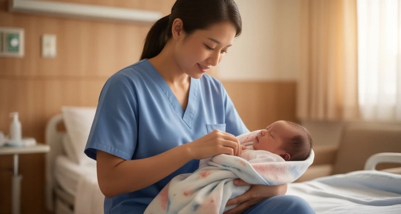 Mơ thấy người khác sinh con: Điềm báo và bảng số may mắn 2 Y tá hoặc bà đỡ ân cần bế trẻ sơ sinh mang thông điệp về quý nhân phù trợ khi bạn mơ thấy người khác sinh con