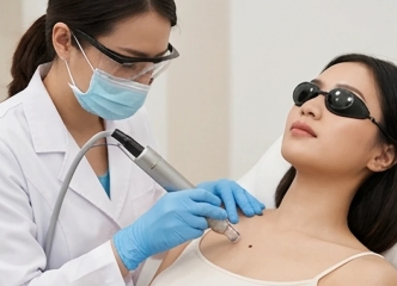 Nốt ruồi ở ngực nữ: Giải mã tướng số, rủi ro y khoa và giá tẩy 8 Bác sĩ chuyên khoa đang thực hiện thủ thuật bắn laser CO2 để xóa nốt ruồi ở ngực nữ giới