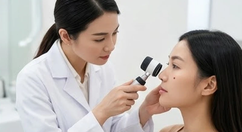 Bác sĩ da liễu dùng thiết bị soi da chuyên dụng để kiểm tra tình trạng nốt ruồi lồi màu đen