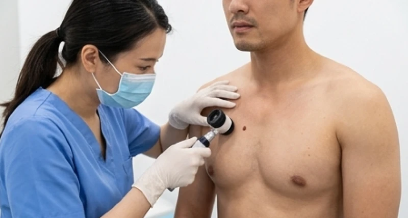 Bác sĩ da liễu sử dụng thiết bị kính lúp chuyên dụng để soi khám nốt ruồi trên ngực bệnh nhân nam