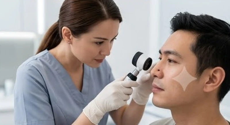 Nốt ruồi ở cánh mũi nam: Giải mã vị trí vi mô và chi phí tẩy 8 Bác sĩ da liễu đang sử dụng thiết bị chuyên dụng để kiểm tra nốt ruồi trên vùng mũi nam giới