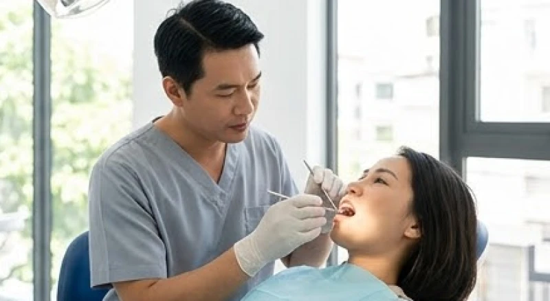 Bác sĩ nha khoa kiểm tra độ lung lay của răng bằng dụng cụ y tế chuyên dụng