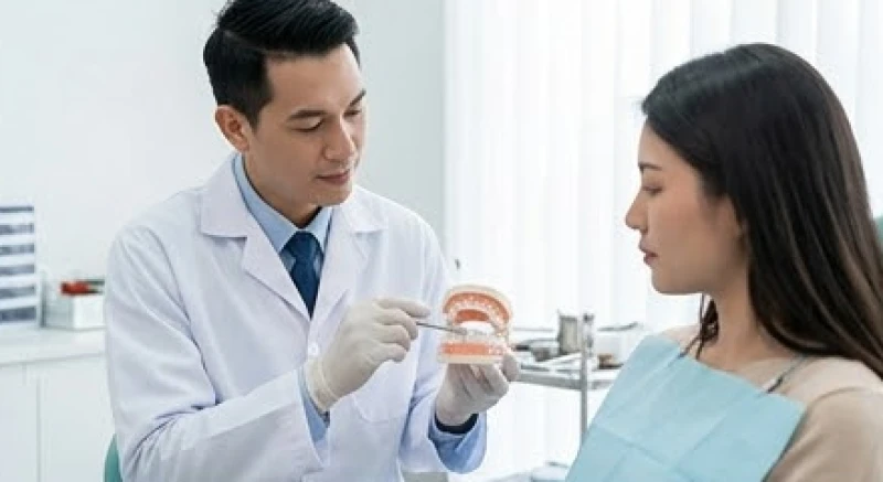 Mơ thấy răng thưa: Giải mã điềm báo, bảng số và hướng xử lý 5 Bác sĩ nha khoa đang cầm mô hình răng giải thích phác đồ điều trị cho bệnh nhân