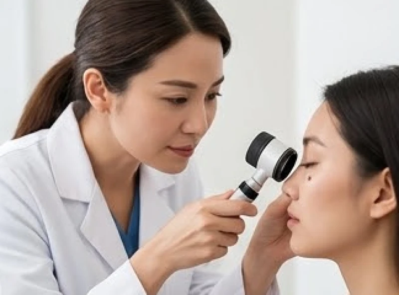 Bác sĩ nhãn khoa đang sử dụng thiết bị chuyên dụng để kiểm tra chi tiết vùng da quanh mí mắt cho bệnh nhân