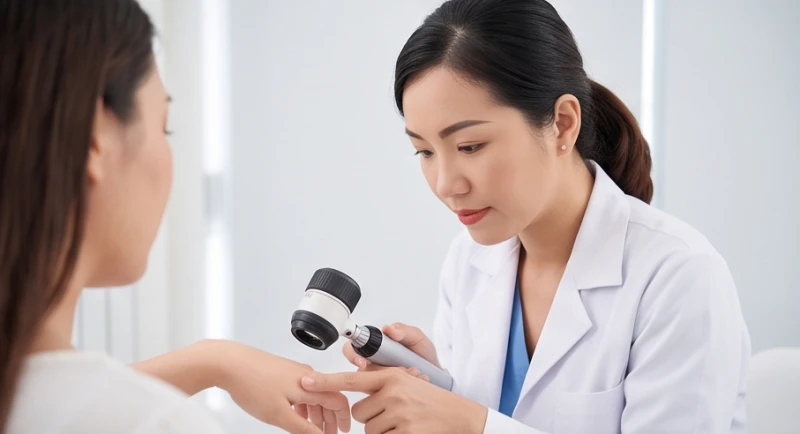 Bác sĩ da liễu đang dùng thiết bị soi da chuyên dụng để kiểm tra chi tiết nốt ruồi