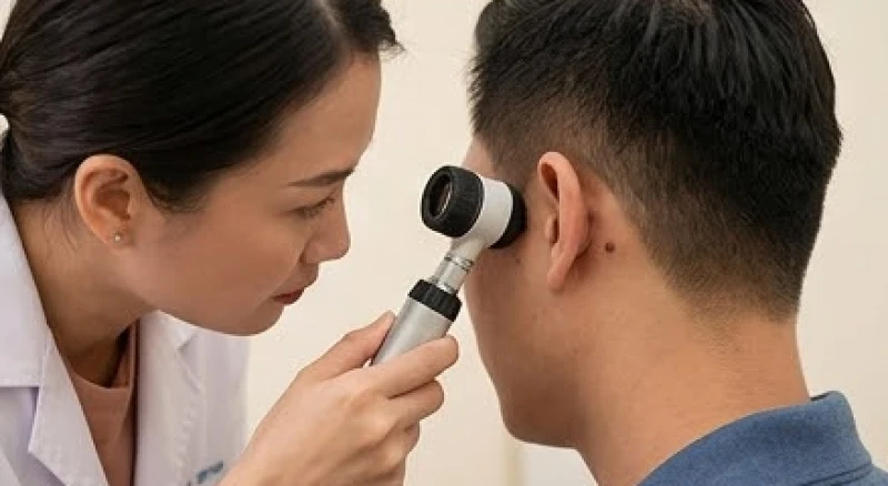 Nốt ruồi sau tai nam: Luận giải tướng số và khi nào cần tẩy 6 Bác sĩ da liễu đang sử dụng thiết bị chuyên dụng để kiểm tra sắc tố nốt ruồi sau tai nam giới