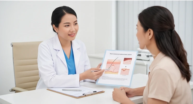 Bác sĩ da liễu đang thảo luận và hướng dẫn phác đồ điều trị an toàn cho bệnh nhân tại phòng khám