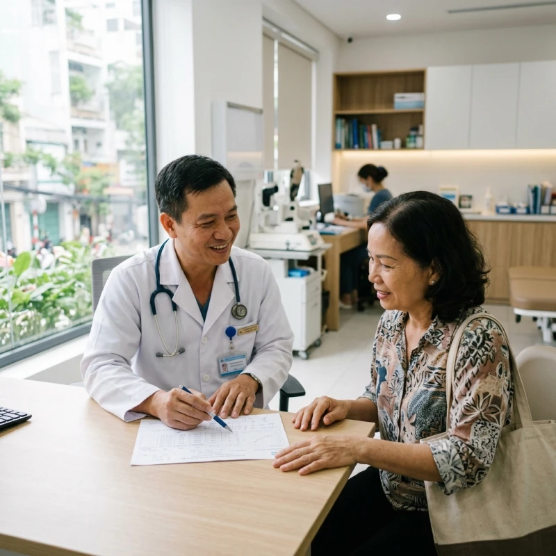 Sức khỏe tuổi Dần năm 2027: Dự báo bệnh lý theo từng can chi 3 Bác sĩ tận tình tư vấn kết quả khám sức khỏe định kỳ cho bệnh nhân tại phòng khám hiện đại