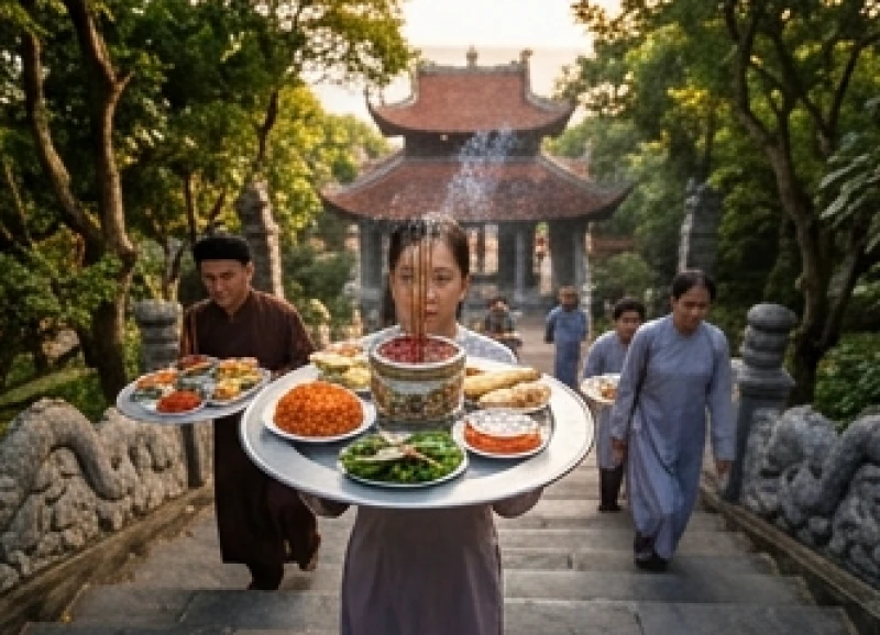 Văn khấn Đền Cửa Ông: Trọn bộ bài khấn và trình tự dâng lễ chuẩn 2 Người đi lễ cẩn thận bưng mâm đồ cúng bước lên các bậc thang đá cao dẫn vào các ban thờ đền chính