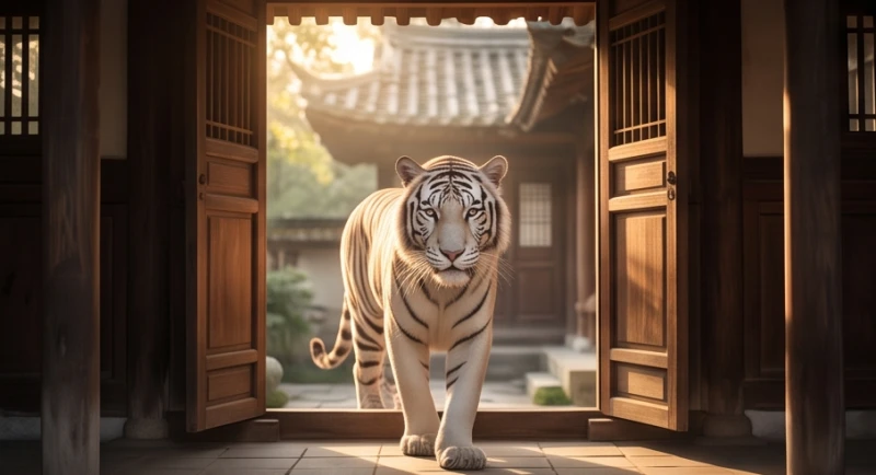 Mơ thấy hổ trắng: Giải mã điềm báo cát hung và mẹo hóa giải 3 Hổ trắng với dáng vẻ uy nghi thong dong bước qua cánh cửa gỗ truyền thống mang lại vượng khí