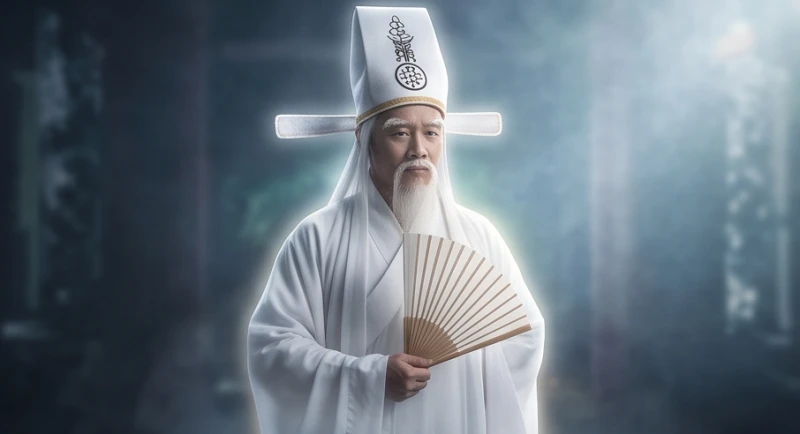 Vị Bạch Vô Thường mặc áo trắng mỉm cười hiền hòa tỏa ra ánh sáng rạng rỡ