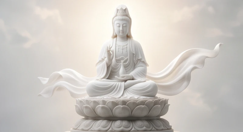 Bồ Tát Quan Âm khoác y phục màu trắng tinh khôi thanh thoát ngự trên tòa sen