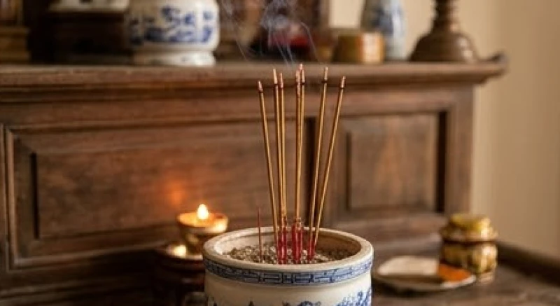 Hương đang cháy xám trên mâm lễ trong lúc gia chủ đọc bài chú giải xá linh khí đồ thờ.