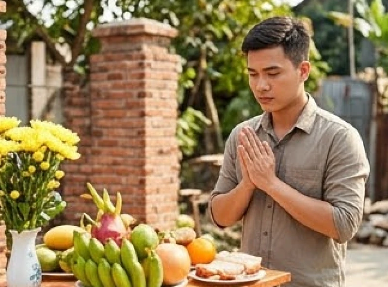 Gia chủ chắp tay khấn vái trước mâm cúng động thổ với thái độ tập trung thành tâm