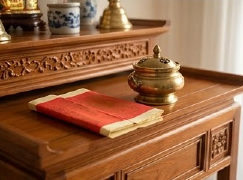 Tờ sớ khấn đỏ được đặt trang trọng cạnh lư hương bằng đồng trên bàn thờ gia tiên