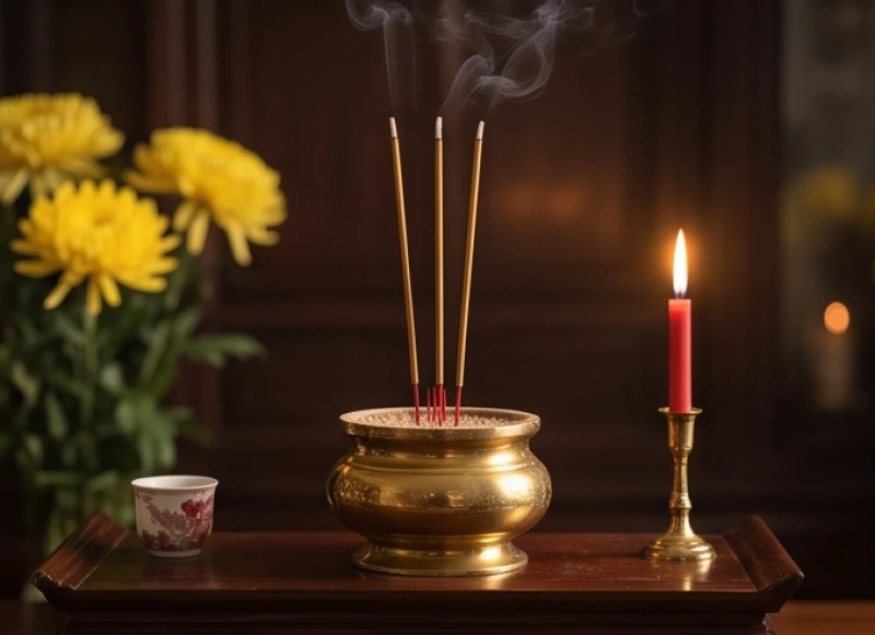 Bàn thờ gia tiên trang nghiêm với hoa cúc vàng và khói nhang tỏa nhẹ trong lúc chuẩn bị đọc bài cúng giỗ