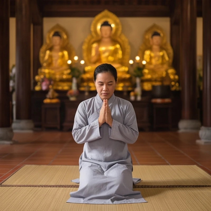 Văn khấn cầu an tại chùa: Bài khấn chuẩn và nghi thức từng ban 4 Tín chủ quỳ lạy đọc bài văn khấn ban Tam Bảo mong cầu gia đạo bình an và sức khỏe