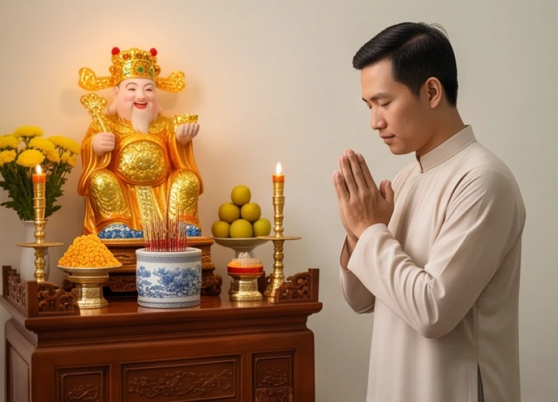 Văn khấn mở hàng đầu năm Bính Ngọ 2026: Bài cúng và lễ vật chuẩn 1 Gia chủ ăn mặc chỉnh tề đang chắp tay thành kính đọc bài văn khấn tại ban Thần Tài