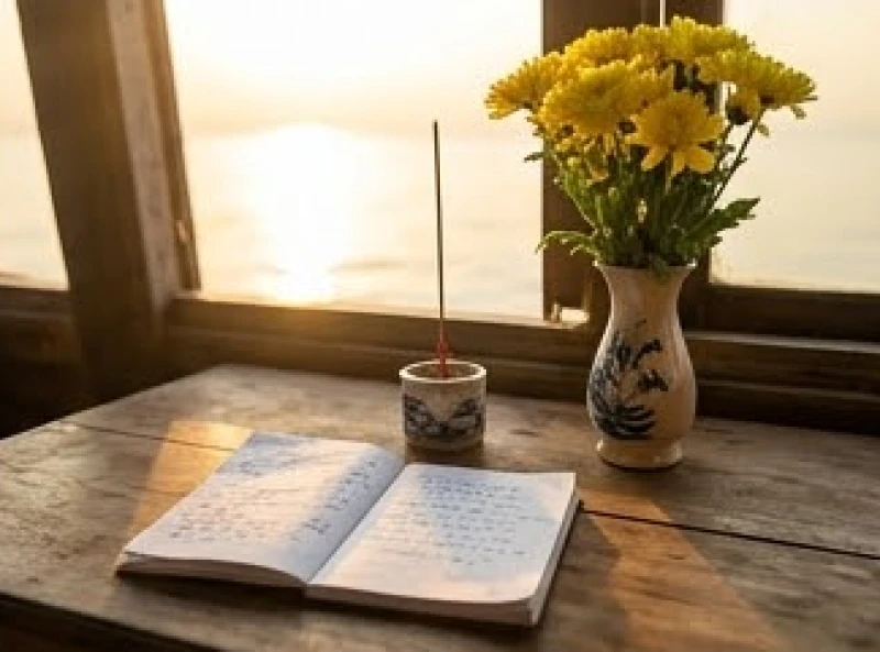 Cuốn sổ tay ghi chép cẩn thận các bài văn khấn cúng tàu thuyền đặt cạnh đĩa hoa quả tươi tắn