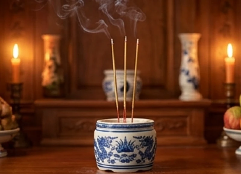 Văn khấn di chuyển bát hương: Bài cúng chuẩn và quy trình an vị 6 Không gian bàn thờ gia tiên bừng sáng với ba nén nhang đang cháy tỏa khói nhẹ trong nghi thức kính cáo