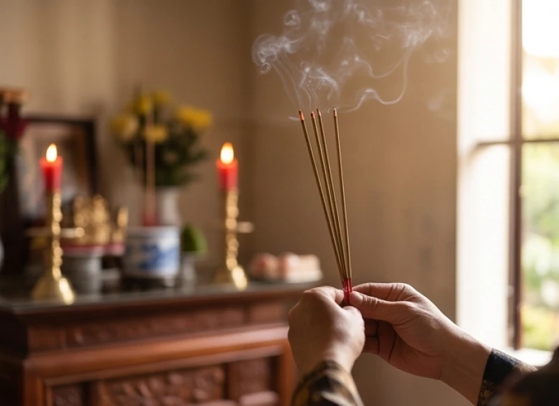 Người đàn ông chắp tay tĩnh tâm chuẩn bị đọc bài văn khấn xuất hành đầu năm bằng chữ Nôm