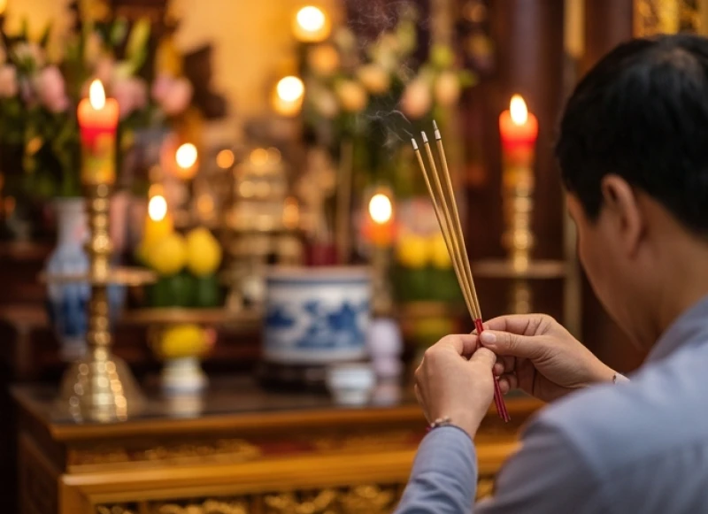 Tín đồ tĩnh tâm dâng hương khấn vái cầu xin tài lộc và gia đạo bình an ngày 17/7