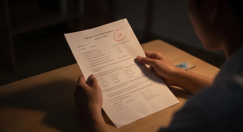 Ánh mắt thất vọng khi nhìn chằm chằm vào bài kiểm tra bị điểm kém dưới trung bình
