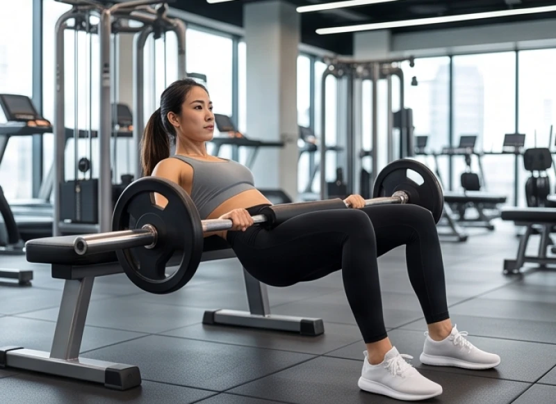 Phụ nữ đang thực hiện động tác đẩy hông với tạ đòn trên bệ đỡ để phát triển nhóm cơ mông