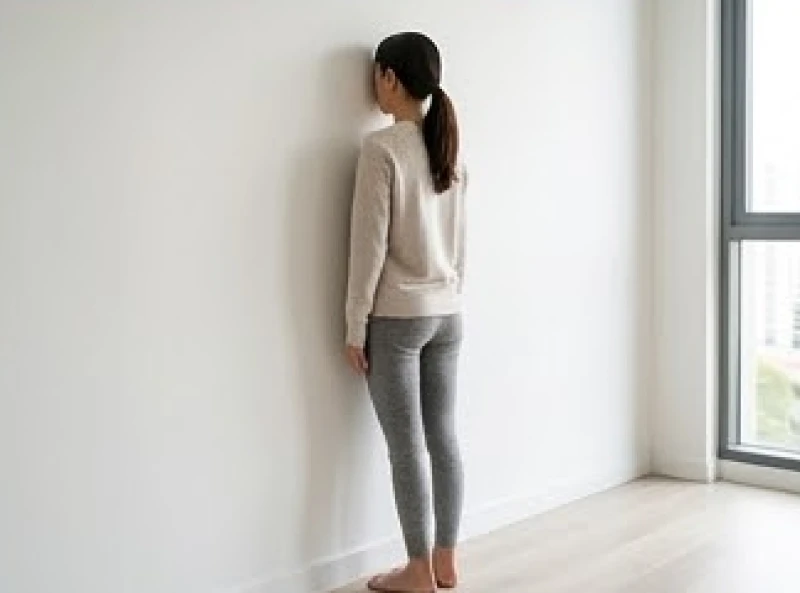 Một cô gái đang thực hành tư thế đứng áp sát lưng vào tường thẳng tắp để nắn chỉnh cột sống tại nhà
