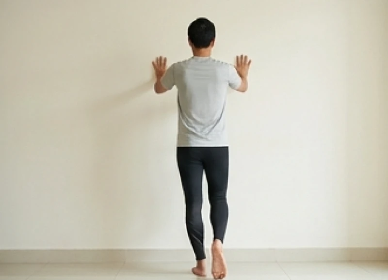 Một người đang đứng đối diện bức tường và ép lòng bàn chân trái sát mặt sàn để kéo căng cơ