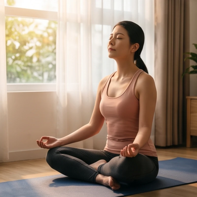 Người phụ nữ nhắm mắt thực hành bài tập hít thở sâu để tĩnh tâm
