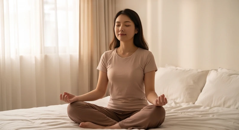 Người phụ nữ ngồi thiền trên thảm tập với đôi mắt nhắm nghiền, thực hành kỹ thuật hít thở sâu