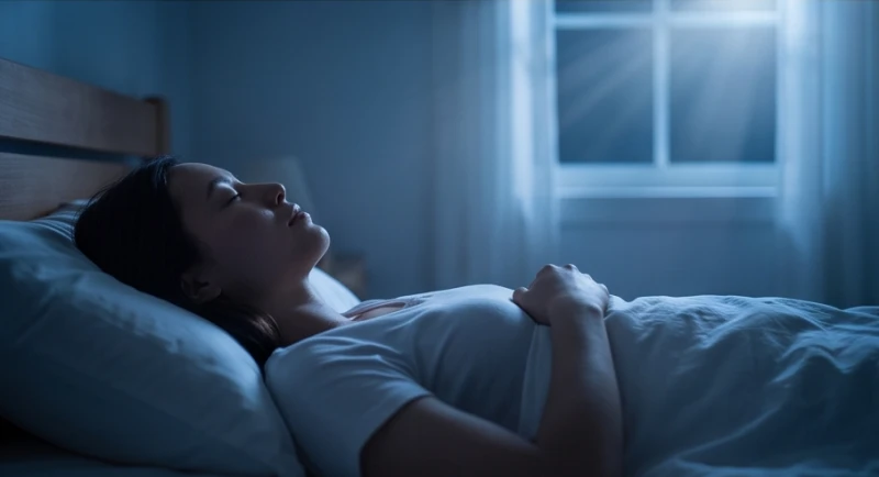Mơ thấy đám cháy: Giải mã điềm lành dữ và cách trấn an tâm lý 7 Người phụ nữ nằm nhắm mắt thư giãn trên giường và thực hành hít thở sâu