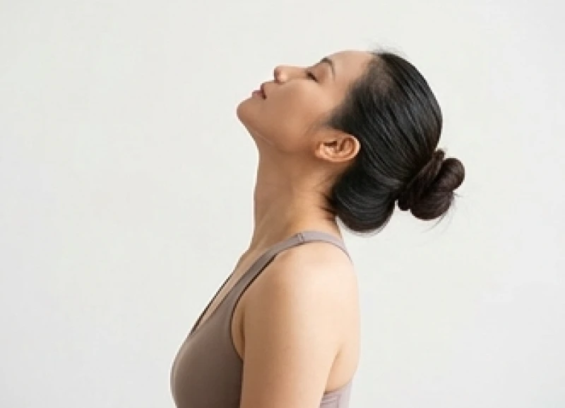 Người phụ nữ thực hiện động tác ngước cằm lên trần nhà để kéo căng nhóm cơ trước cổ.