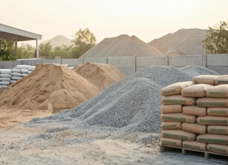 Bãi tập kết vật liệu xây dựng gồm cát đá xi măng ngổn ngang làm tắc nghẽn dòng chảy tài lộc mệnh Thủy